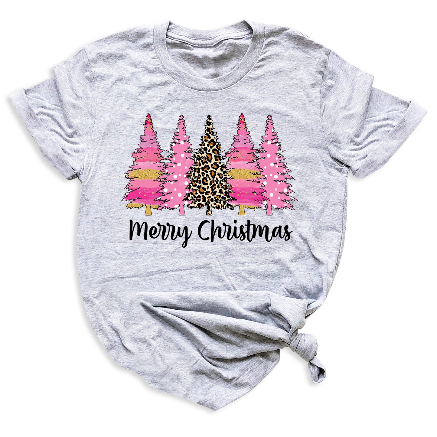 Merry Christmas Tree Shirt – Ladies Christmas Tee | Pink Leopard Holiday Pine Trees Shirt