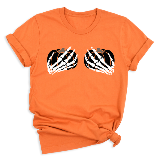 Skeleton Hand Bra Pumpkin Shirt – Funny Halloween Tee | Women’s Spooky Season Shirt
