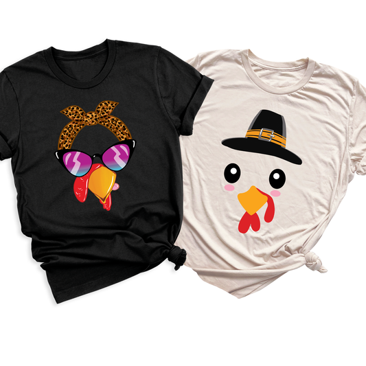 Funny Thanksgiving Family Matching Shirts – Turkey Face T-Shirt Set for Holiday Dinner