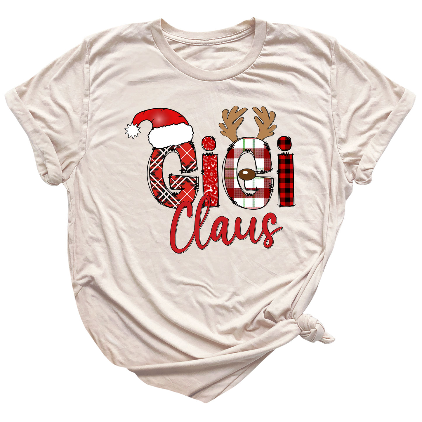 Gigi Claus Christmas Shirt for Grandma – Custom Gigi, Mimi, Nana Xmas Tee with Santa Hat & Plaid Design