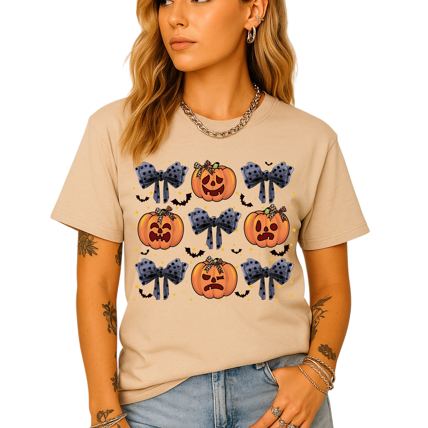 Funny Halloween Pumpkin Face Shirt – Coquette Bow Spooky Season Tee