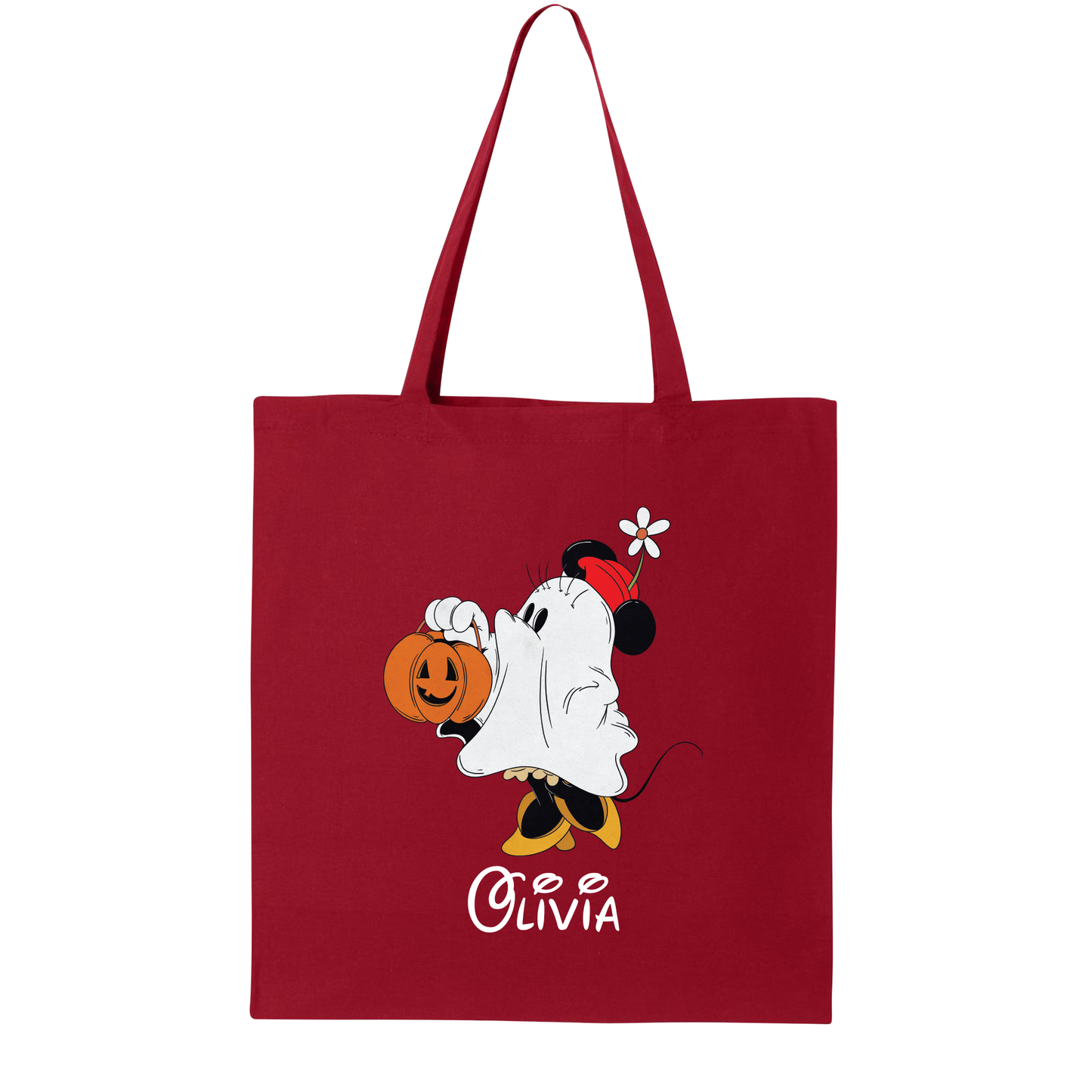 Custom Disney Minnie Halloween Tote Bag – Personalized Trick-or-Treat Canvas Bag, Cute Ghost Gift Bag for Kids & Moms