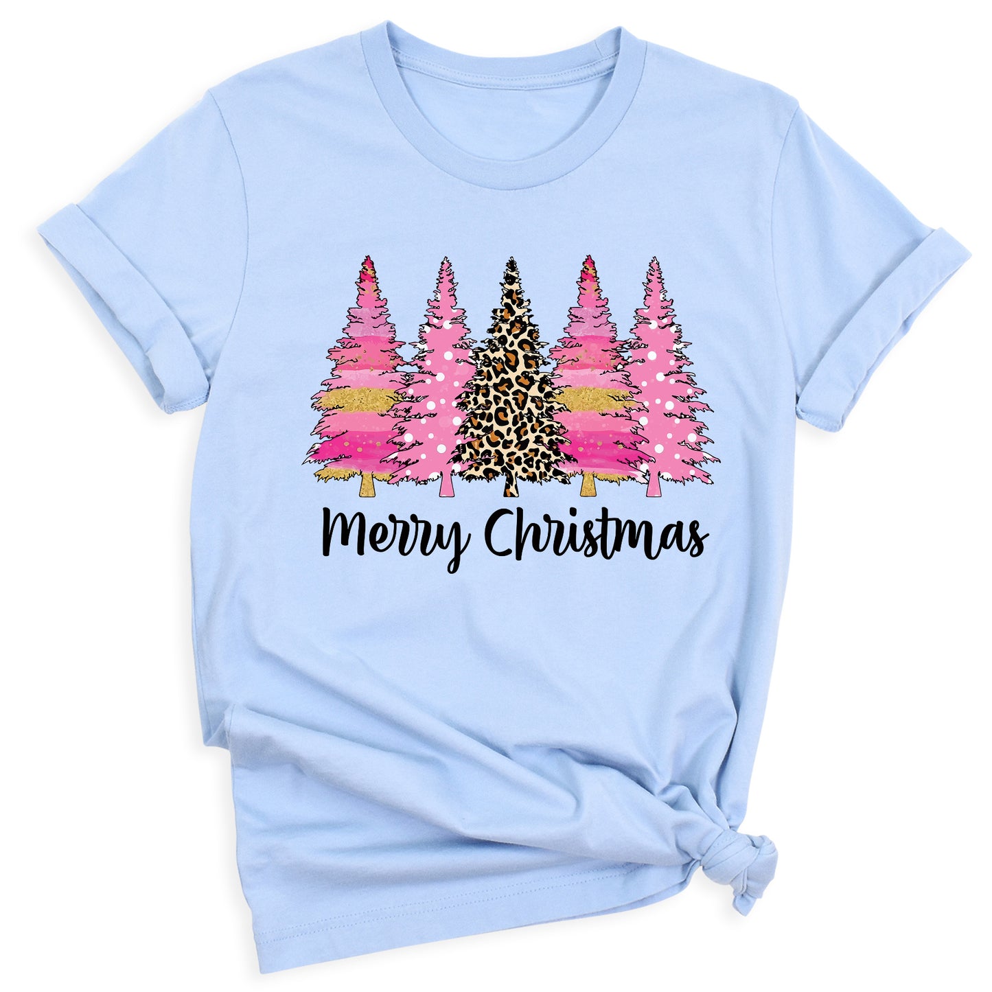 Merry Christmas Tree Shirt – Ladies Christmas Tee | Pink Leopard Holiday Pine Trees Shirt