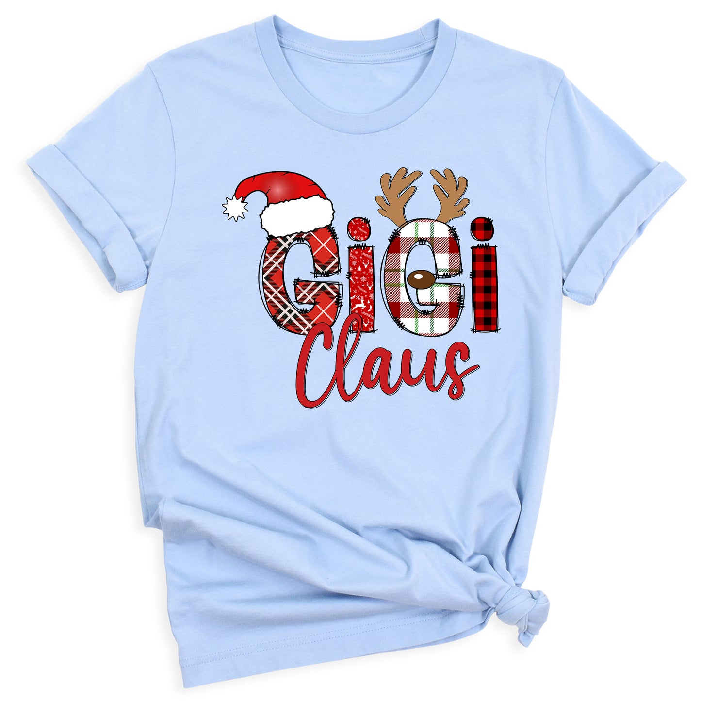Gigi Claus Christmas Shirt for Grandma – Custom Gigi, Mimi, Nana Xmas Tee with Santa Hat & Plaid Design