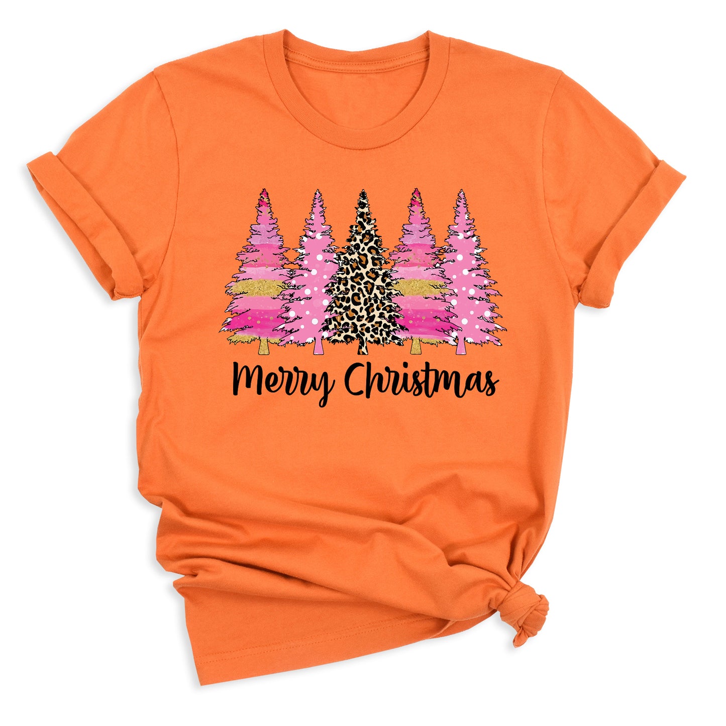 Merry Christmas Tree Shirt – Ladies Christmas Tee | Pink Leopard Holiday Pine Trees Shirt