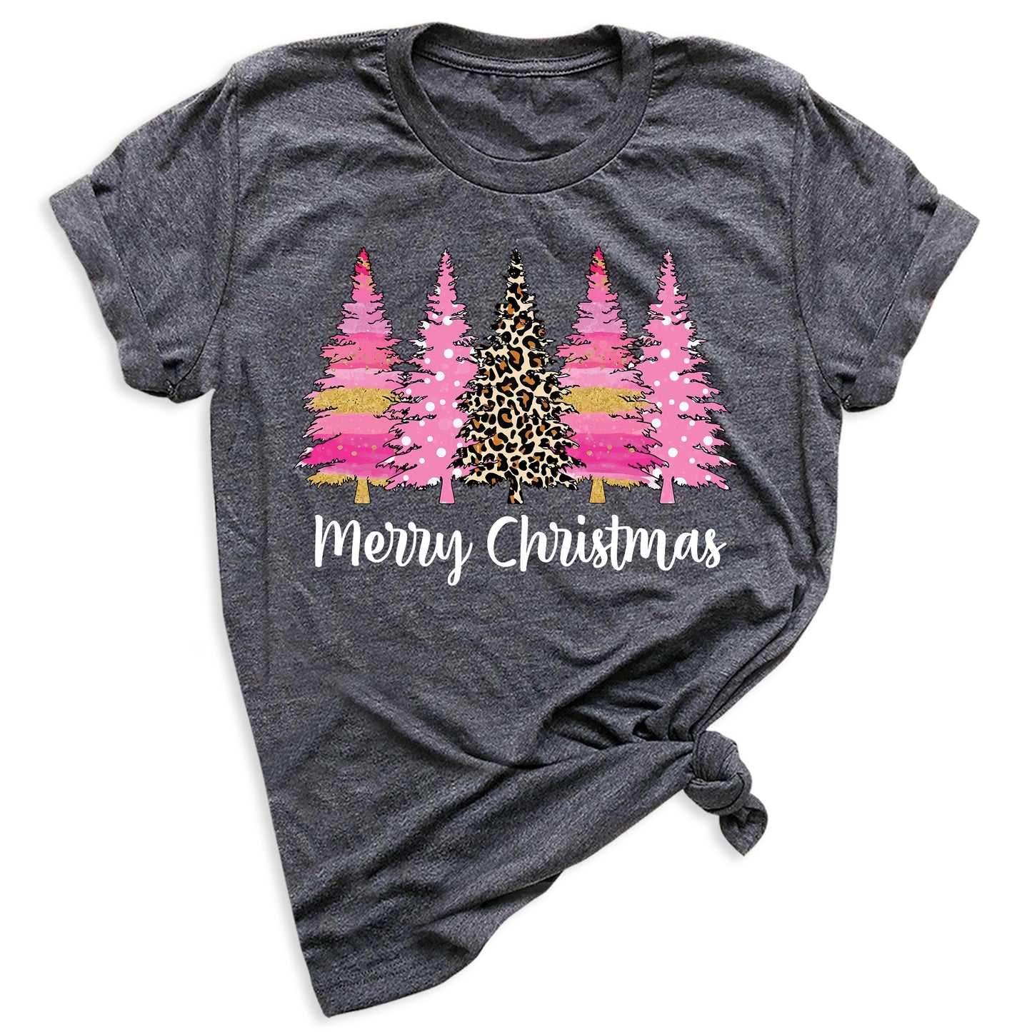 Merry Christmas Tree Shirt – Ladies Christmas Tee | Pink Leopard Holiday Pine Trees Shirt