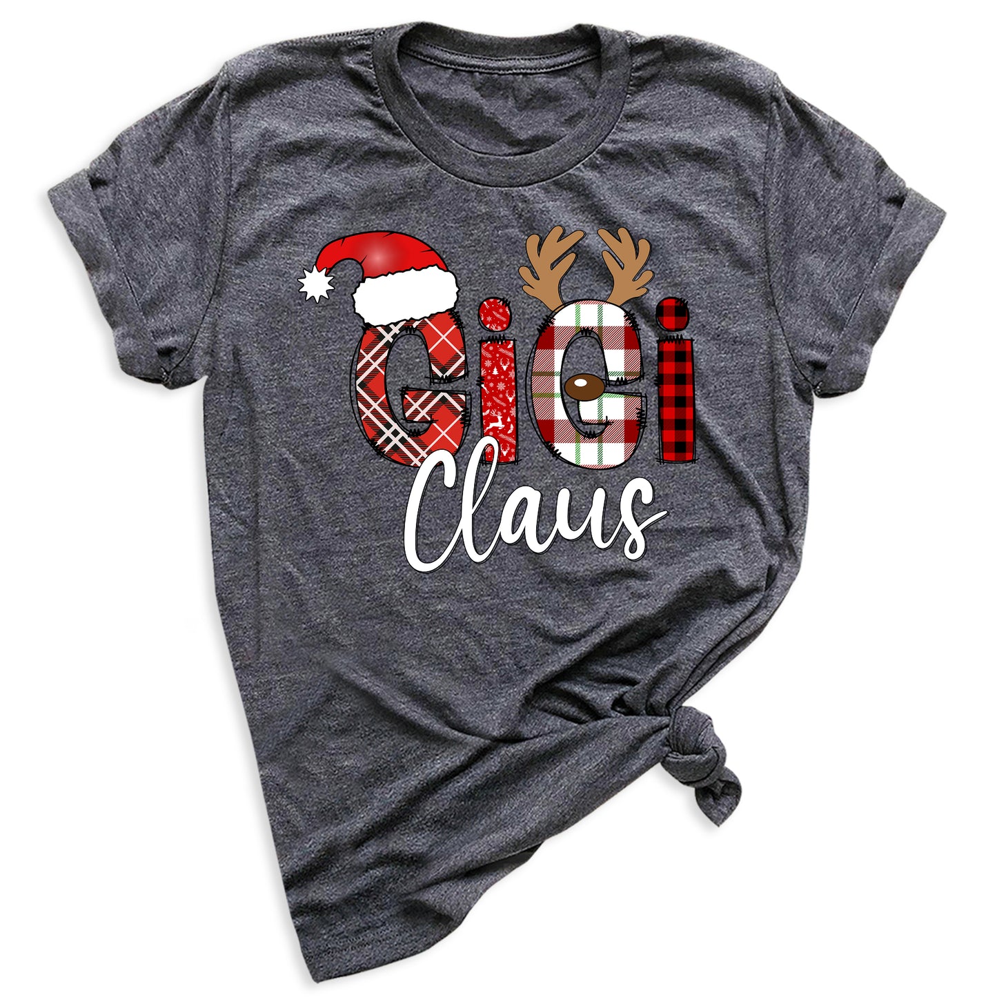 Gigi Claus Christmas Shirt for Grandma – Custom Gigi, Mimi, Nana Xmas Tee with Santa Hat & Plaid Design