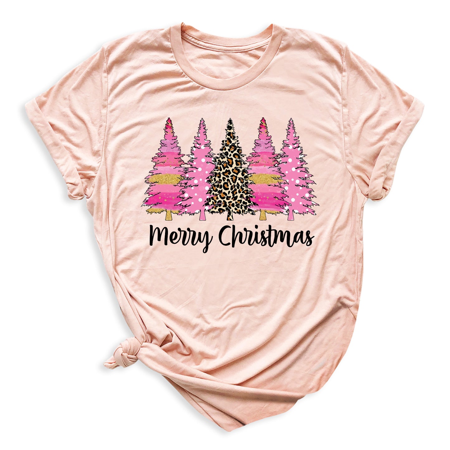 Merry Christmas Tree Shirt – Ladies Christmas Tee | Pink Leopard Holiday Pine Trees Shirt