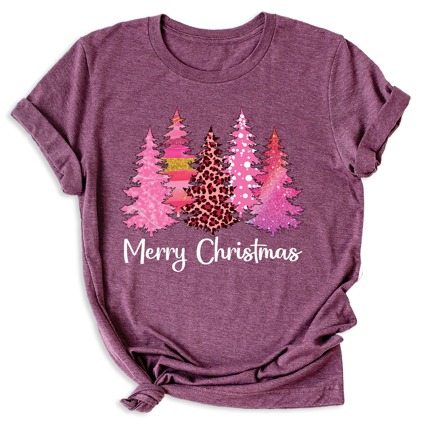 Merry Christmas Tree Shirt for Women – Pink Leopard Print Holiday Tee, Cute Winter Outfit, Ladies Christmas Party Top
