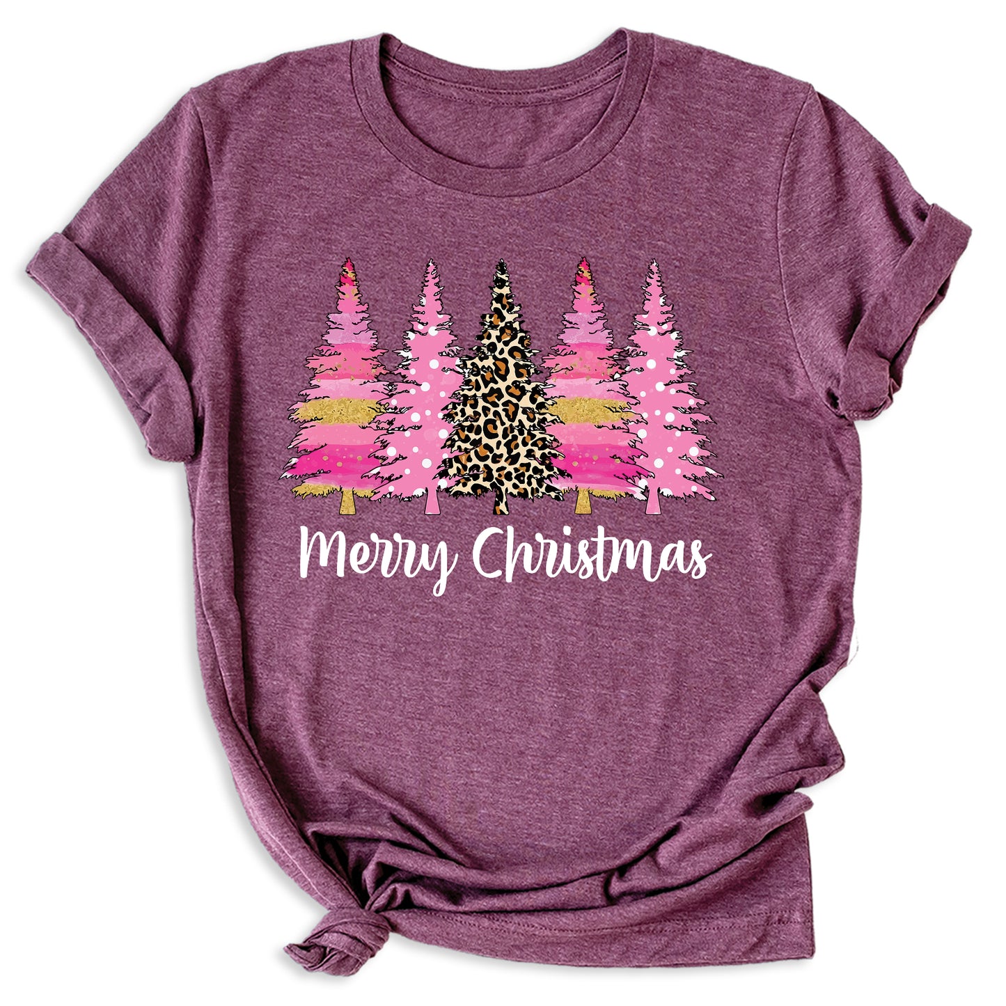 Merry Christmas Tree Shirt – Ladies Christmas Tee | Pink Leopard Holiday Pine Trees Shirt