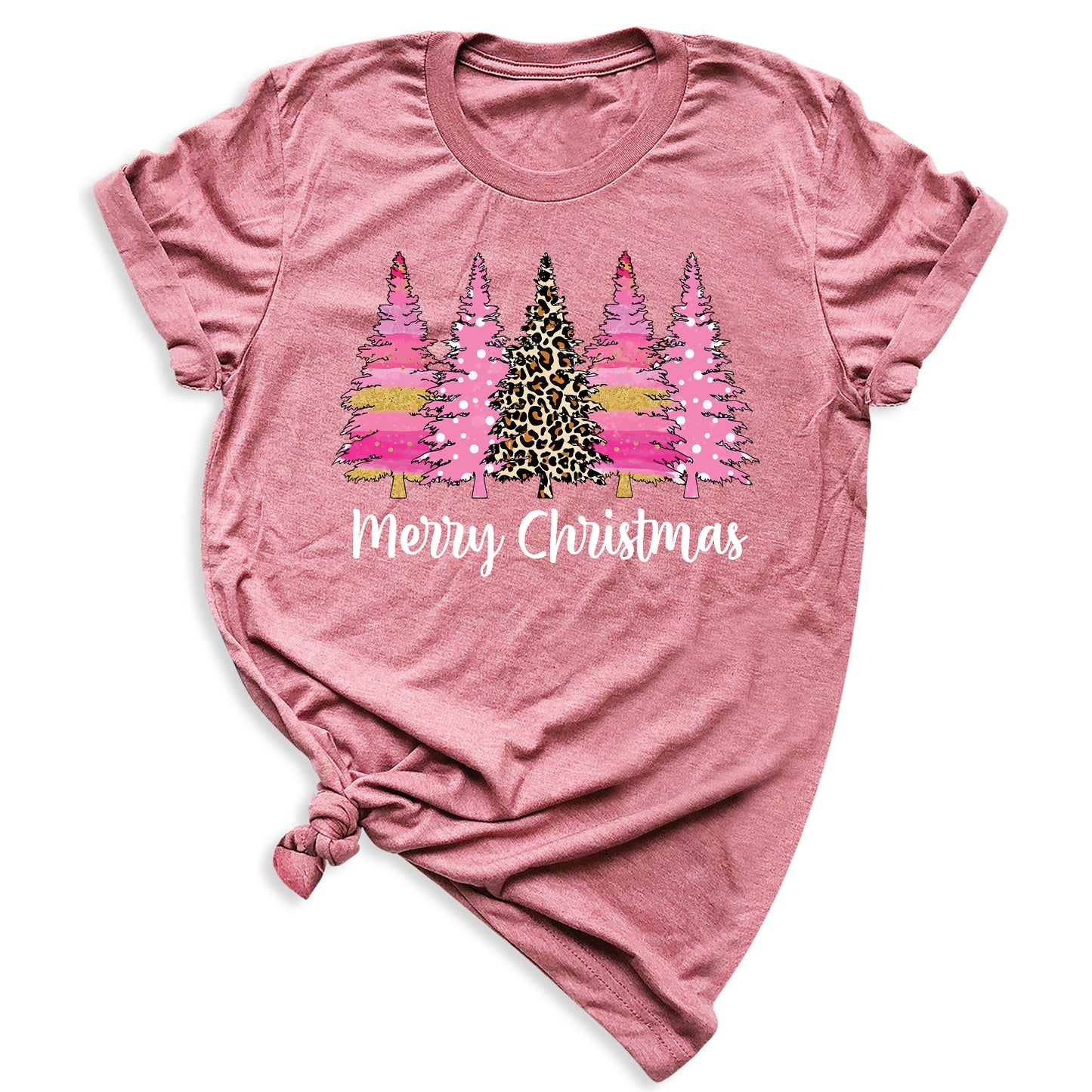 Merry Christmas Tree Shirt – Ladies Christmas Tee | Pink Leopard Holiday Pine Trees Shirt