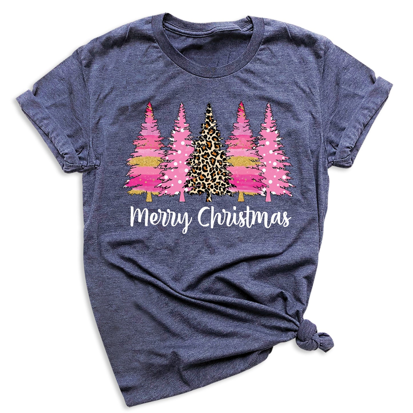 Merry Christmas Tree Shirt – Ladies Christmas Tee | Pink Leopard Holiday Pine Trees Shirt