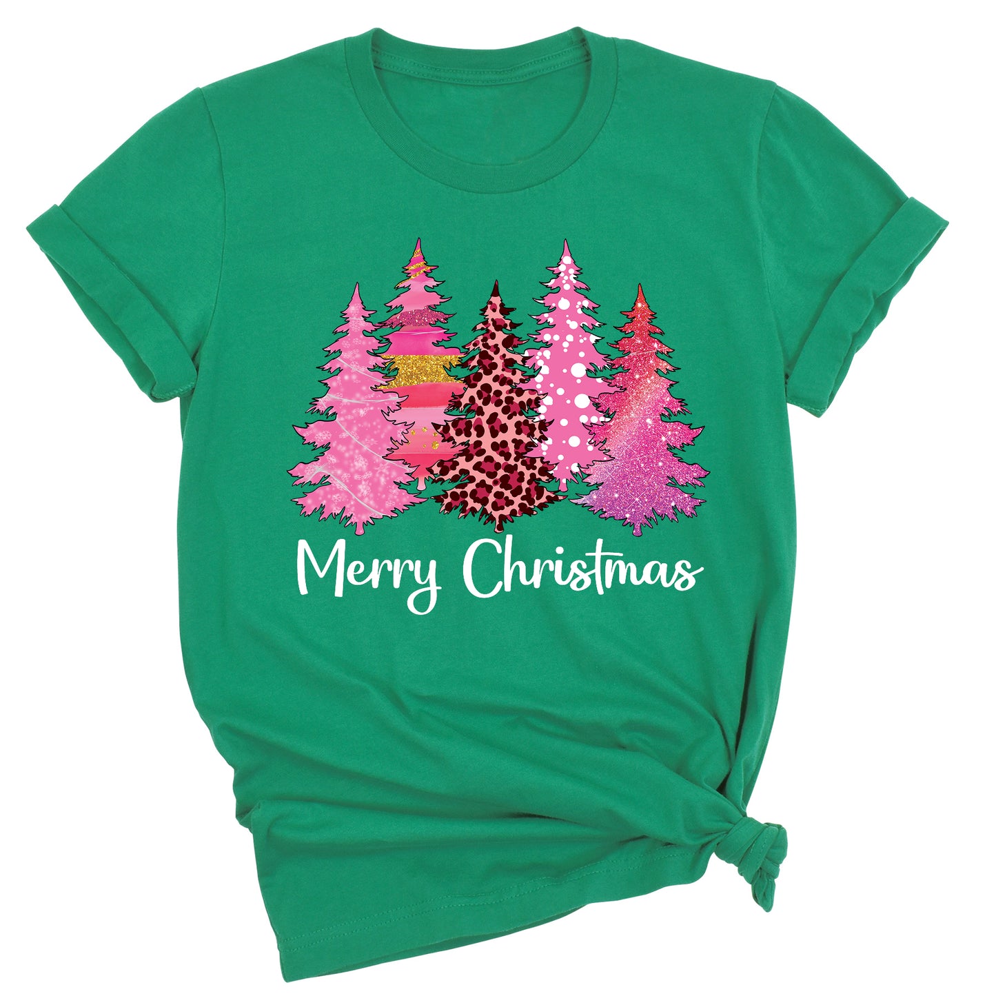 Merry Christmas Tree Shirt for Women – Pink Leopard Print Holiday Tee, Cute Winter Outfit, Ladies Christmas Party Top