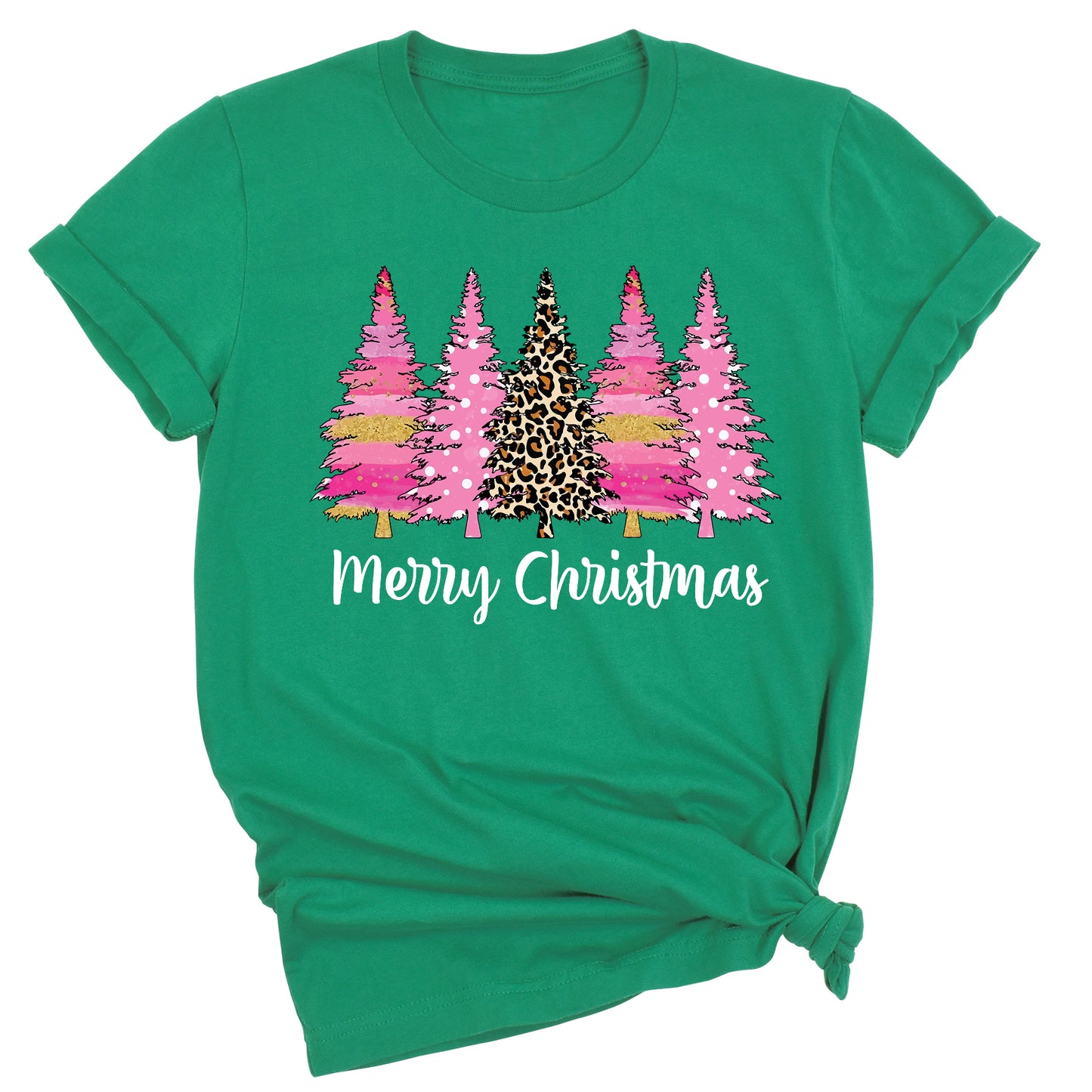 Merry Christmas Tree Shirt – Ladies Christmas Tee | Pink Leopard Holiday Pine Trees Shirt