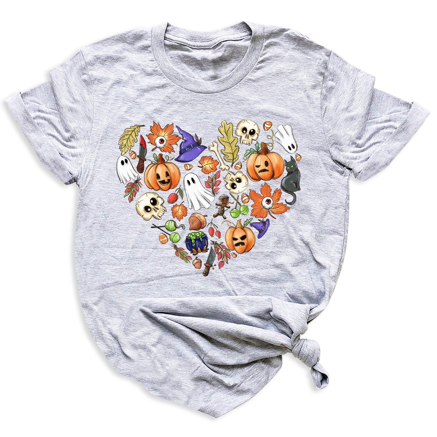 Halloween Elements Heart Shirt – Spooky Season Tee | Women’s Ghost & Pumpkin Shirt