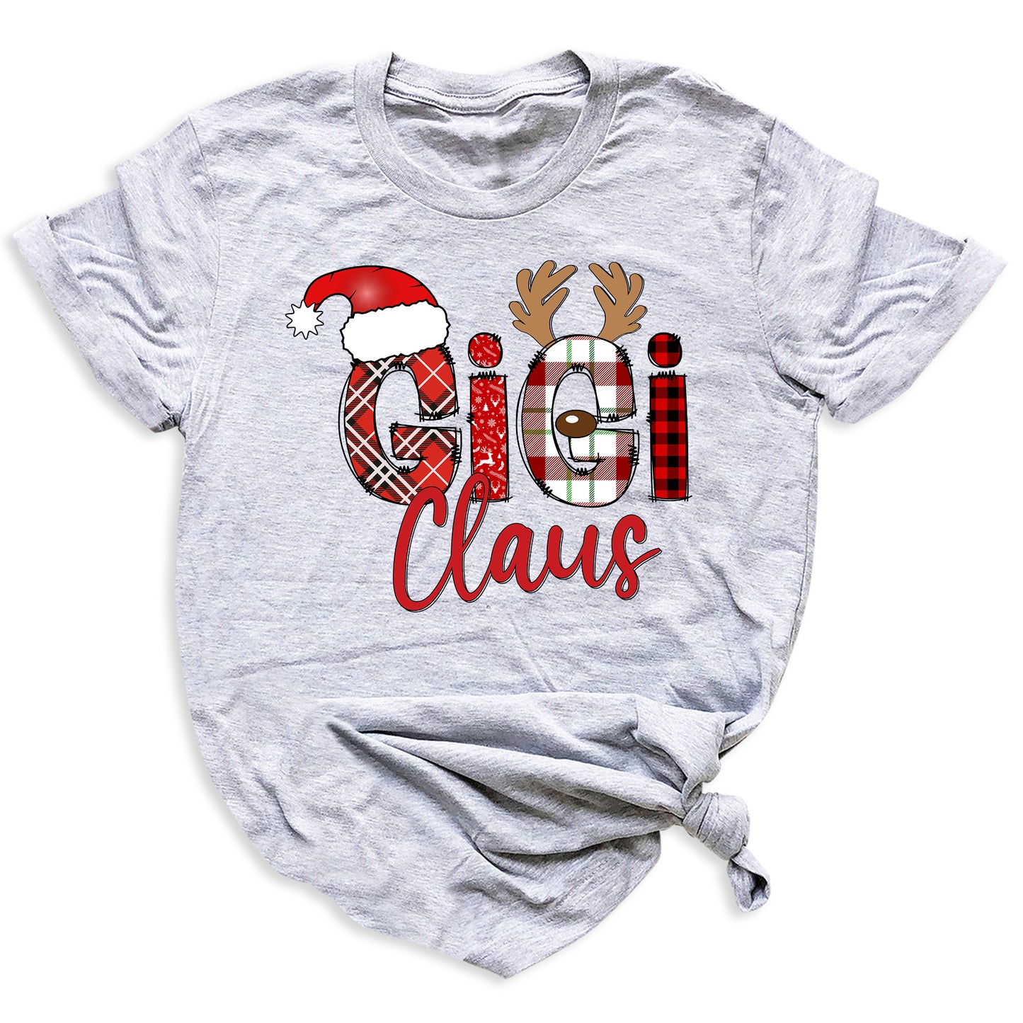 Gigi Claus Christmas Shirt for Grandma – Custom Gigi, Mimi, Nana Xmas Tee with Santa Hat & Plaid Design