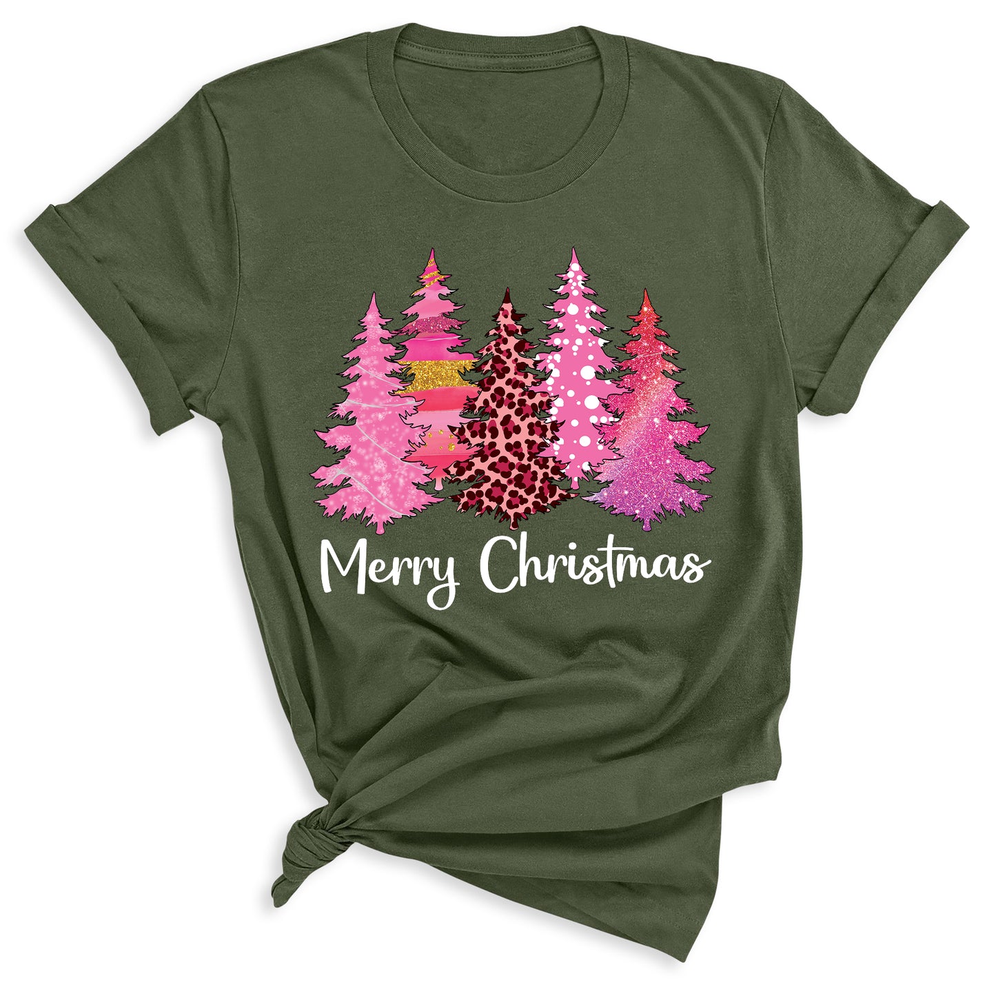 Merry Christmas Tree Shirt for Women – Pink Leopard Print Holiday Tee, Cute Winter Outfit, Ladies Christmas Party Top