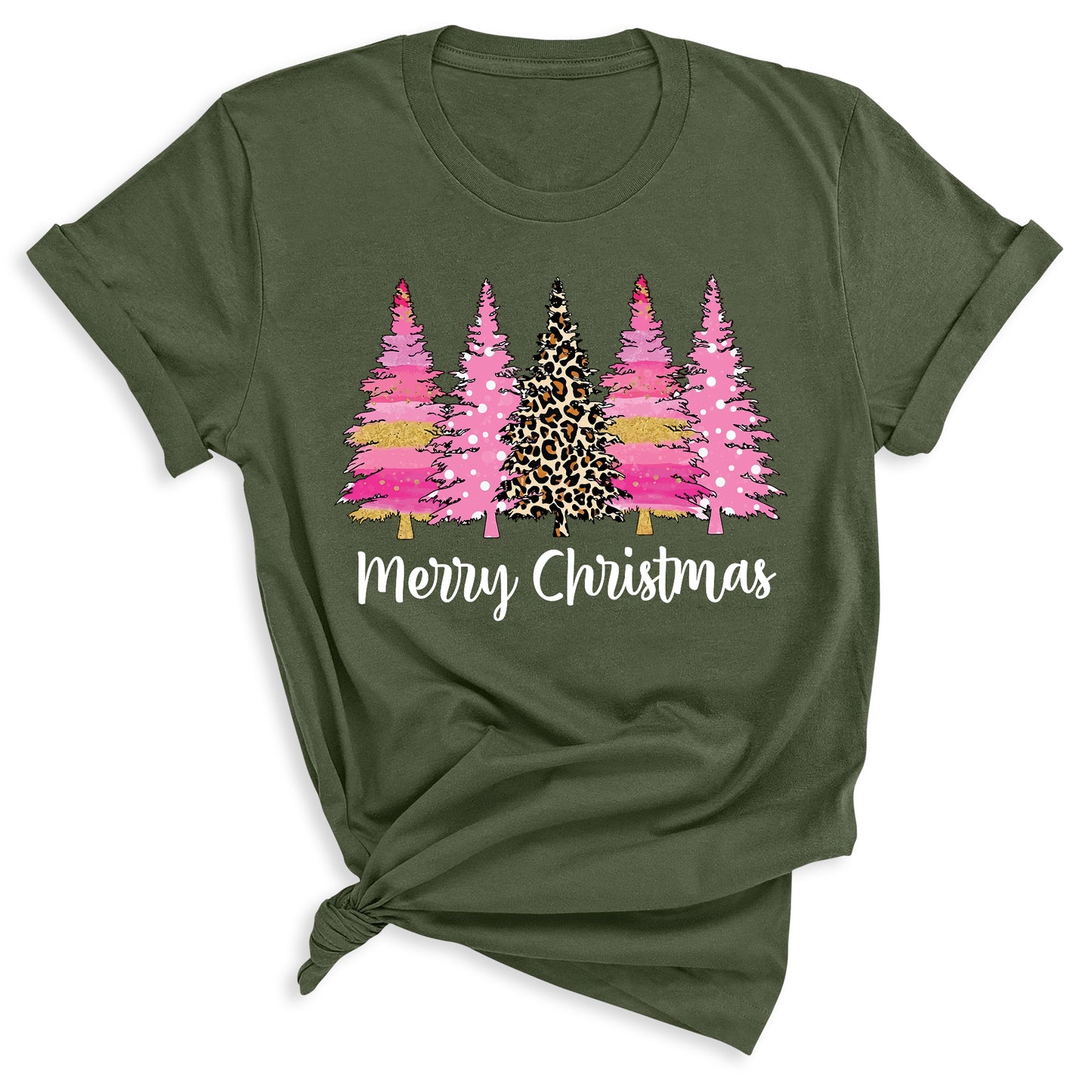 Merry Christmas Tree Shirt – Ladies Christmas Tee | Pink Leopard Holiday Pine Trees Shirt