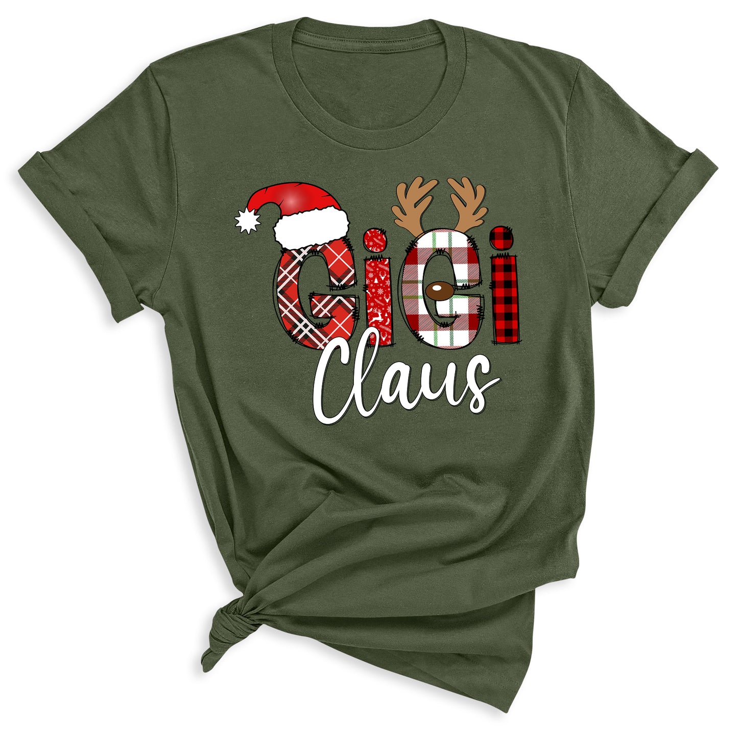 Gigi Claus Christmas Shirt for Grandma – Custom Gigi, Mimi, Nana Xmas Tee with Santa Hat & Plaid Design