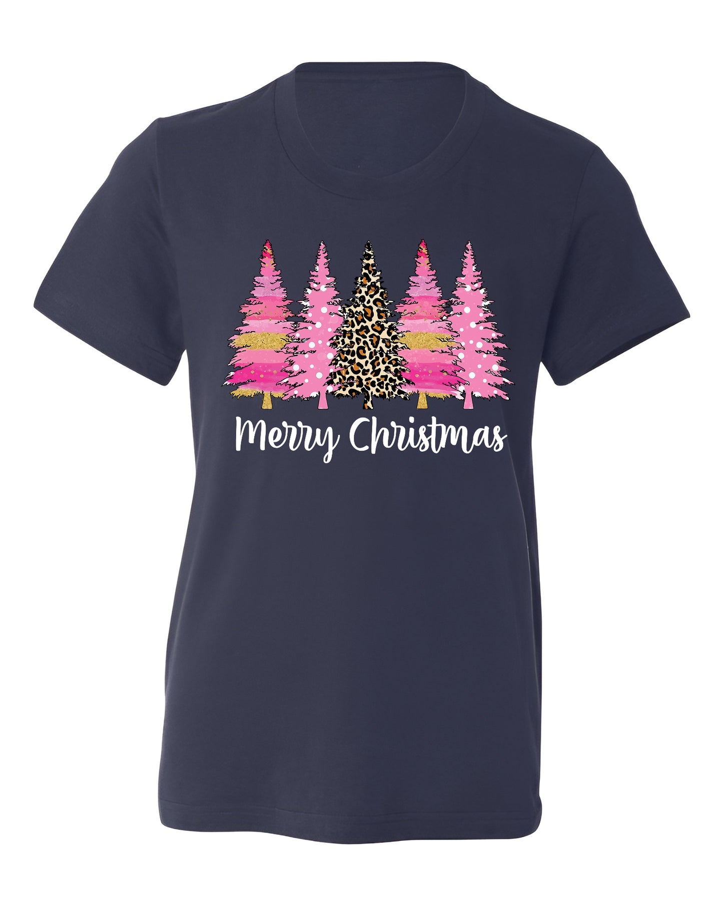 Merry Christmas Tree Shirt – Ladies Christmas Tee | Pink Leopard Holiday Pine Trees Shirt