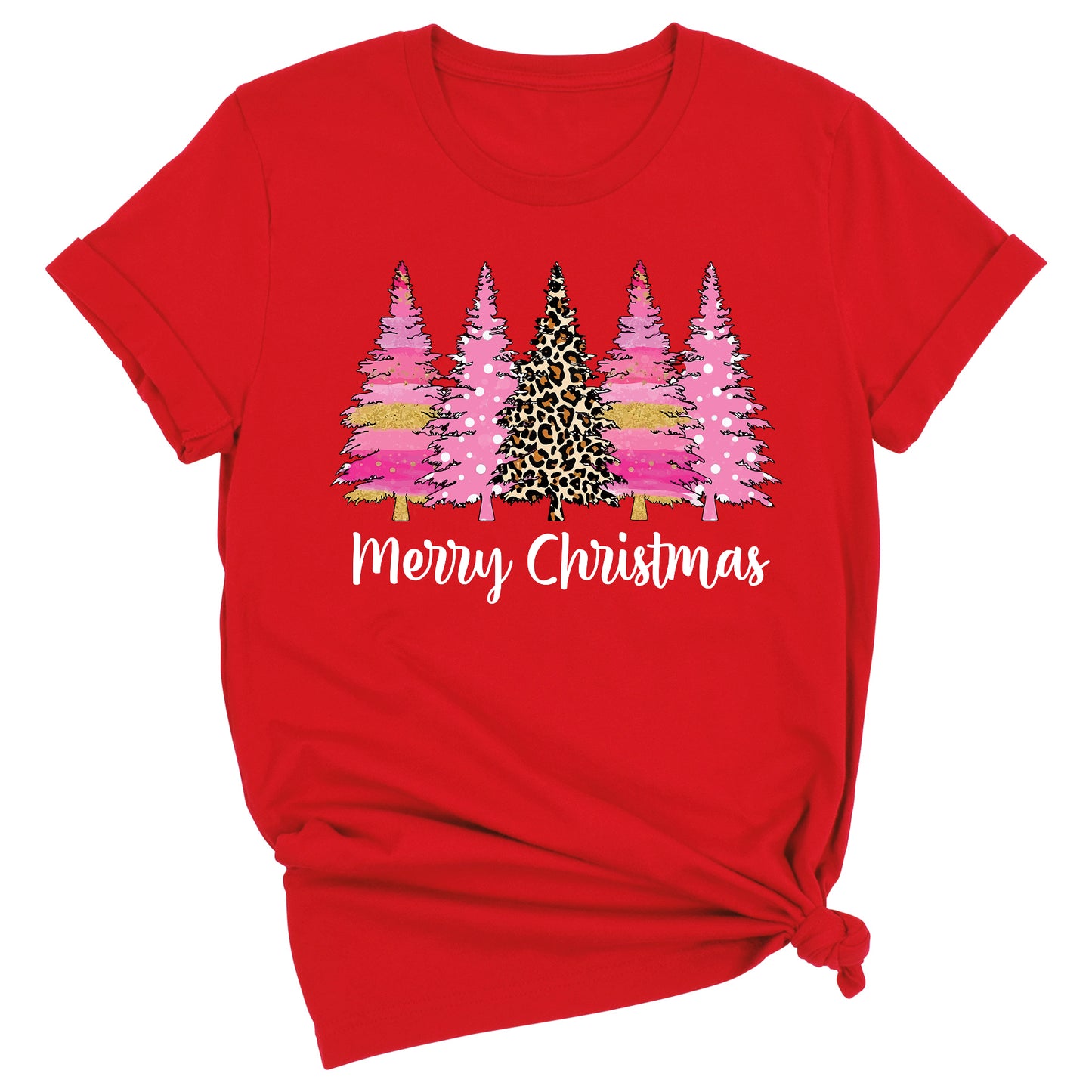 Merry Christmas Tree Shirt – Ladies Christmas Tee | Pink Leopard Holiday Pine Trees Shirt