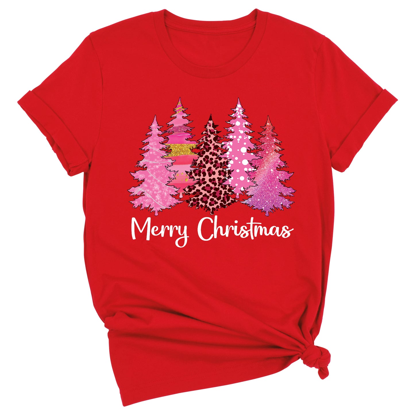 Merry Christmas Tree Shirt for Women – Pink Leopard Print Holiday Tee, Cute Winter Outfit, Ladies Christmas Party Top