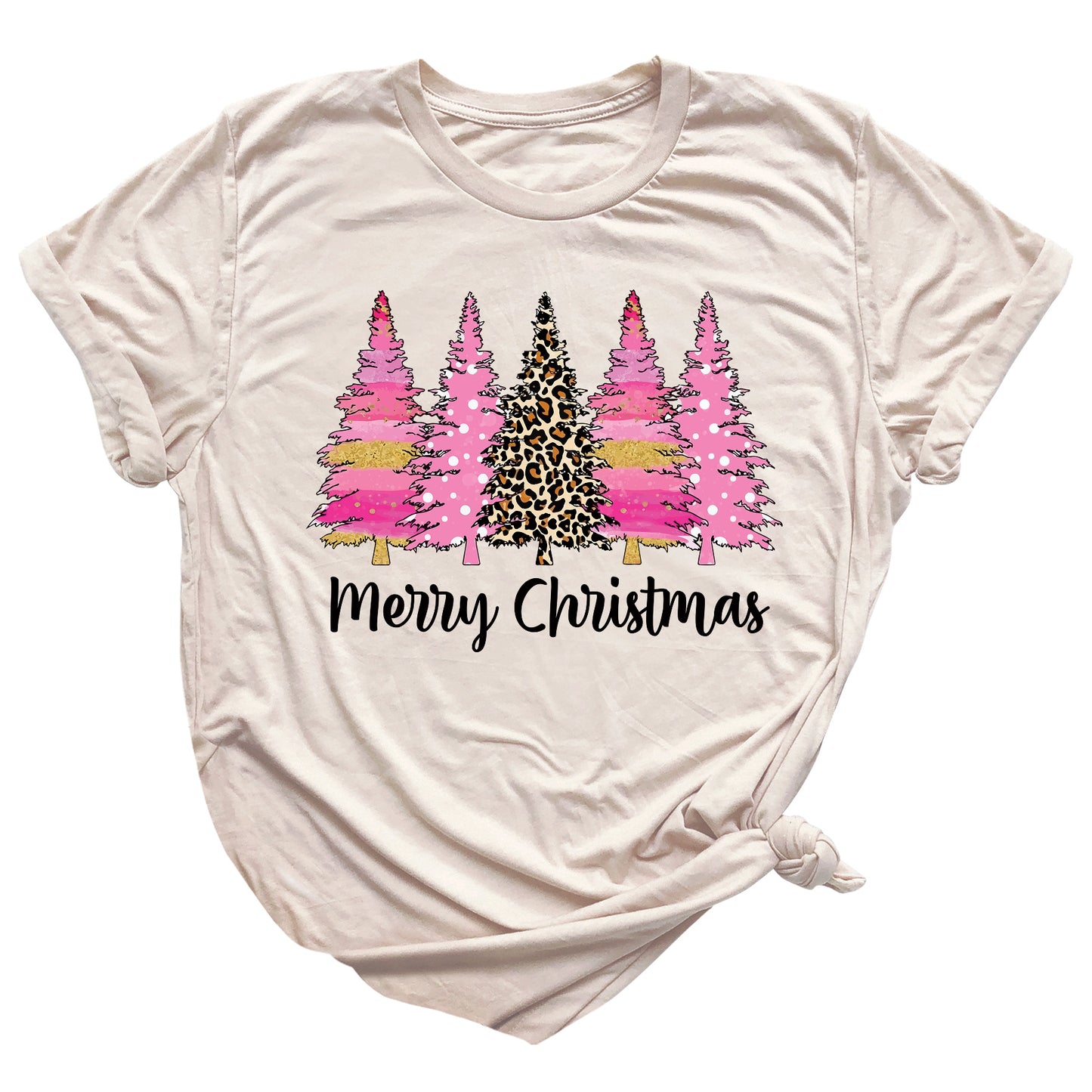 Merry Christmas Tree Shirt – Ladies Christmas Tee | Pink Leopard Holiday Pine Trees Shirt