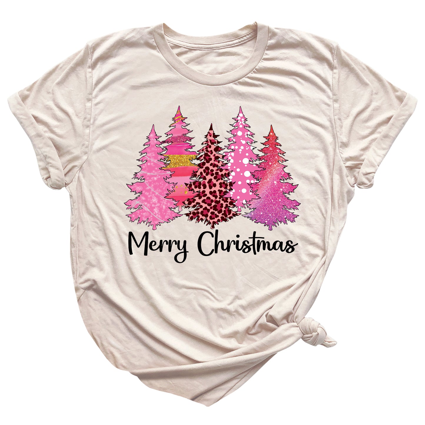 Merry Christmas Tree Shirt for Women – Pink Leopard Print Holiday Tee, Cute Winter Outfit, Ladies Christmas Party Top