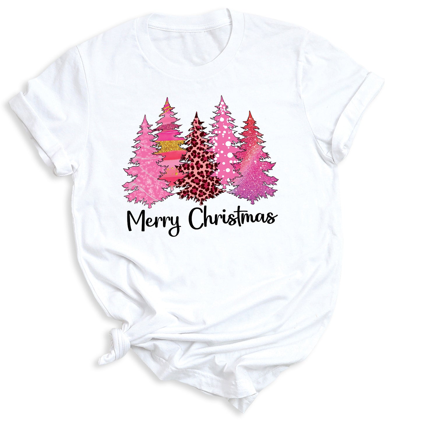 Merry Christmas Tree Shirt for Women – Pink Leopard Print Holiday Tee, Cute Winter Outfit, Ladies Christmas Party Top