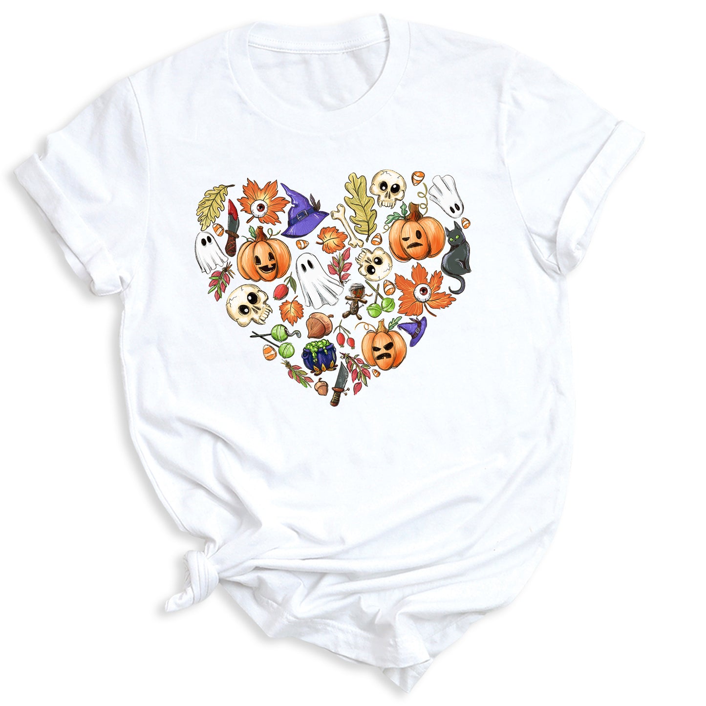 Halloween Elements Heart Shirt – Spooky Season Tee | Women’s Ghost & Pumpkin Shirt
