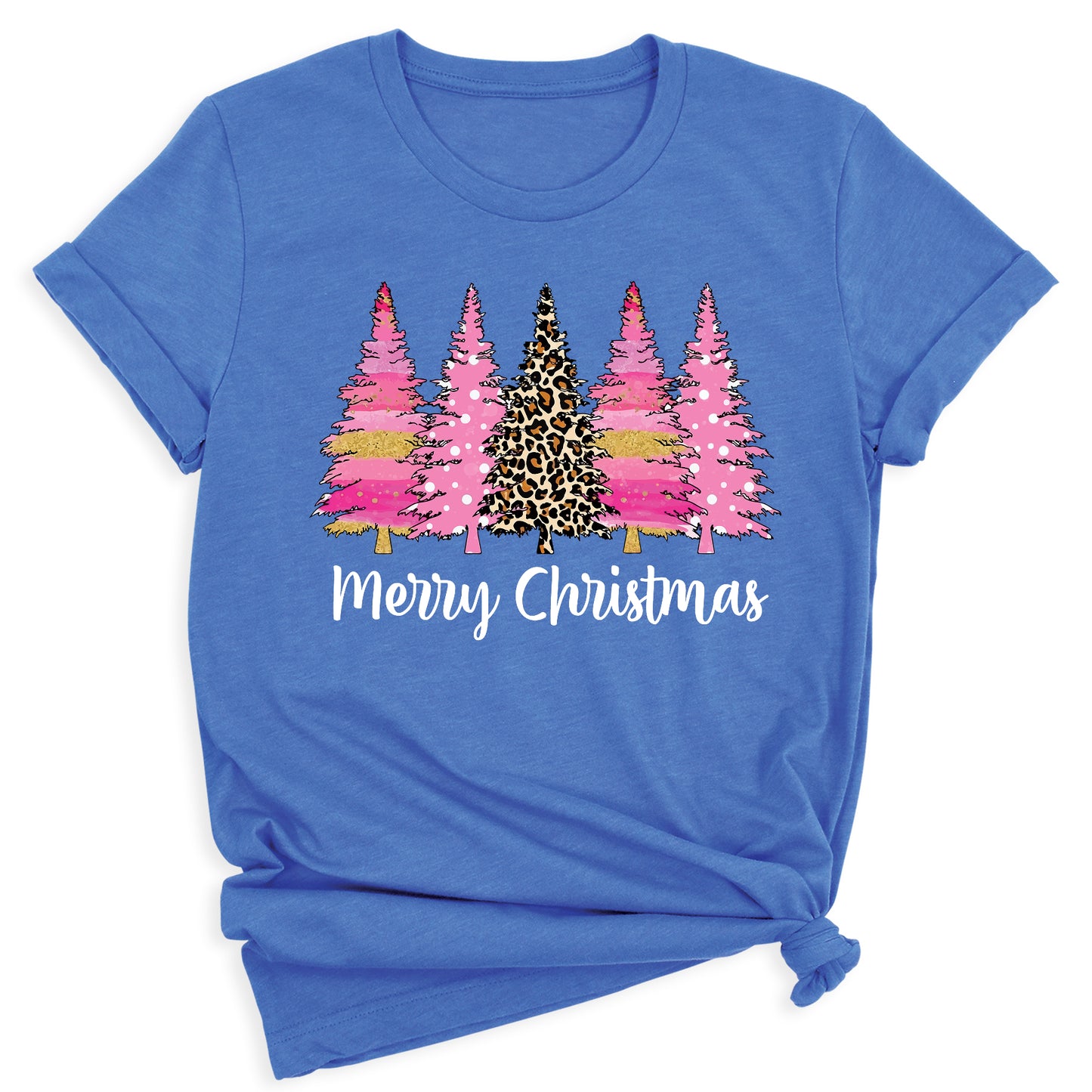Merry Christmas Tree Shirt – Ladies Christmas Tee | Pink Leopard Holiday Pine Trees Shirt