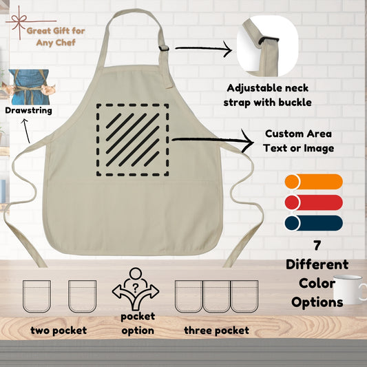Custom Apron with Pockets – Personalized Chef Apron with Adjustable Strap & Custom Text or Image