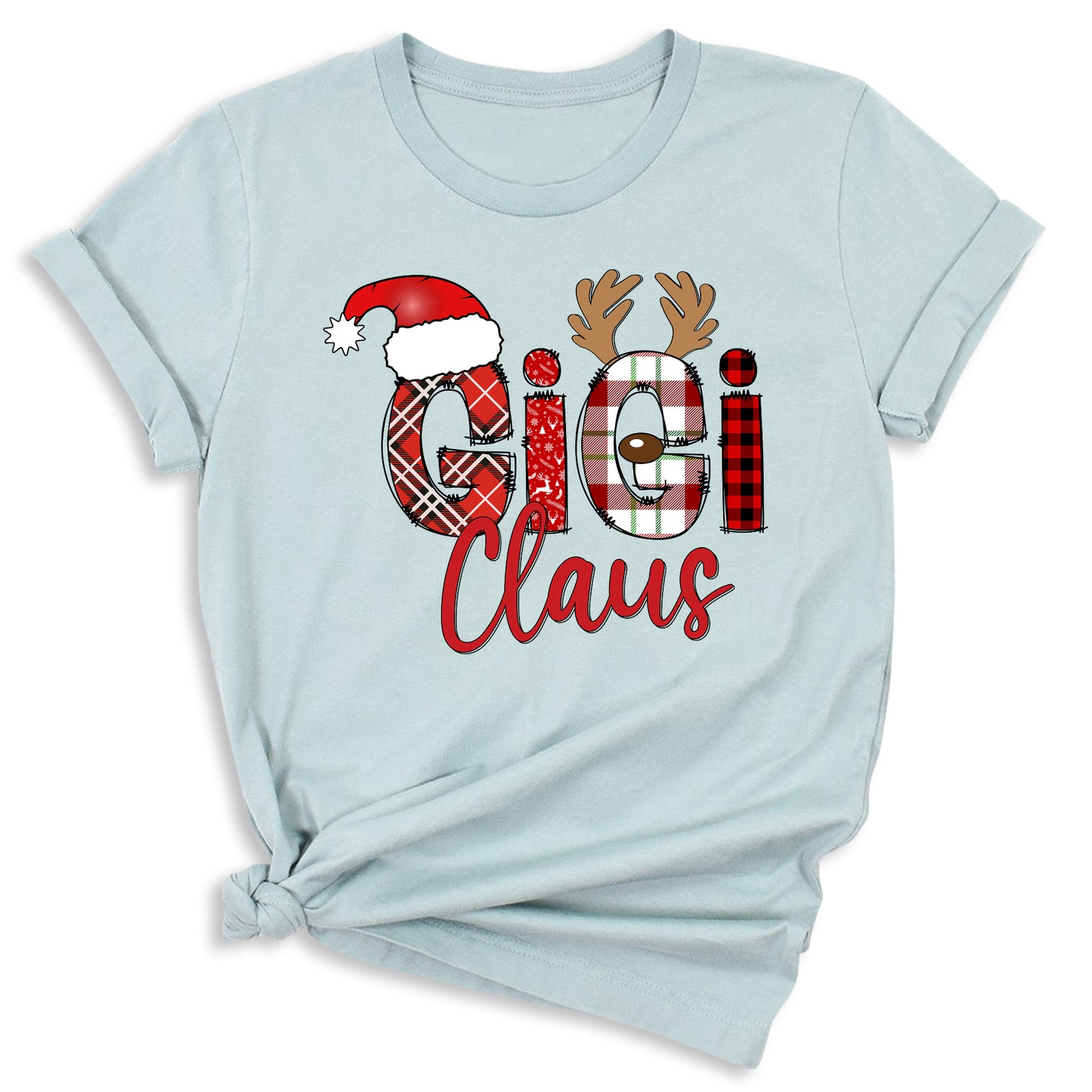 Gigi Claus Christmas Shirt for Grandma – Custom Gigi, Mimi, Nana Xmas Tee with Santa Hat & Plaid Design