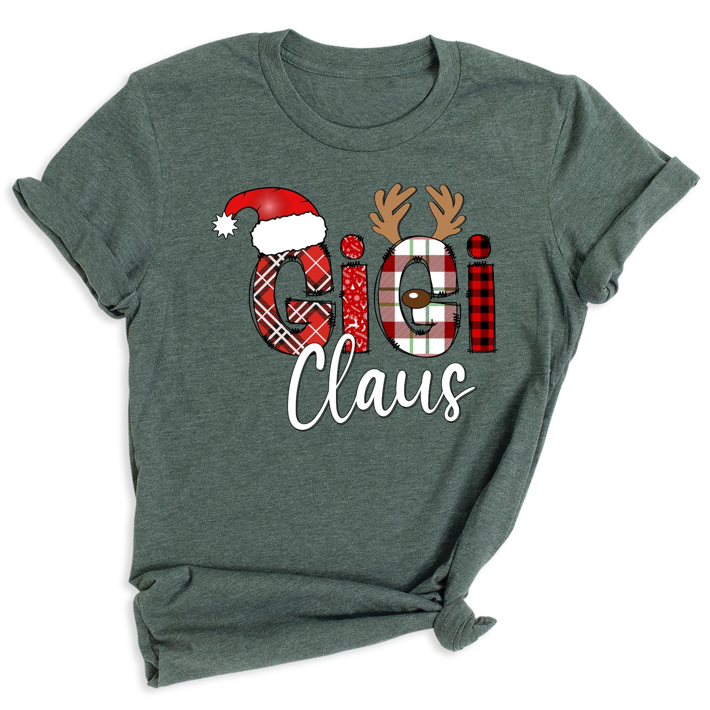 Gigi Claus Christmas Shirt for Grandma – Custom Gigi, Mimi, Nana Xmas Tee with Santa Hat & Plaid Design