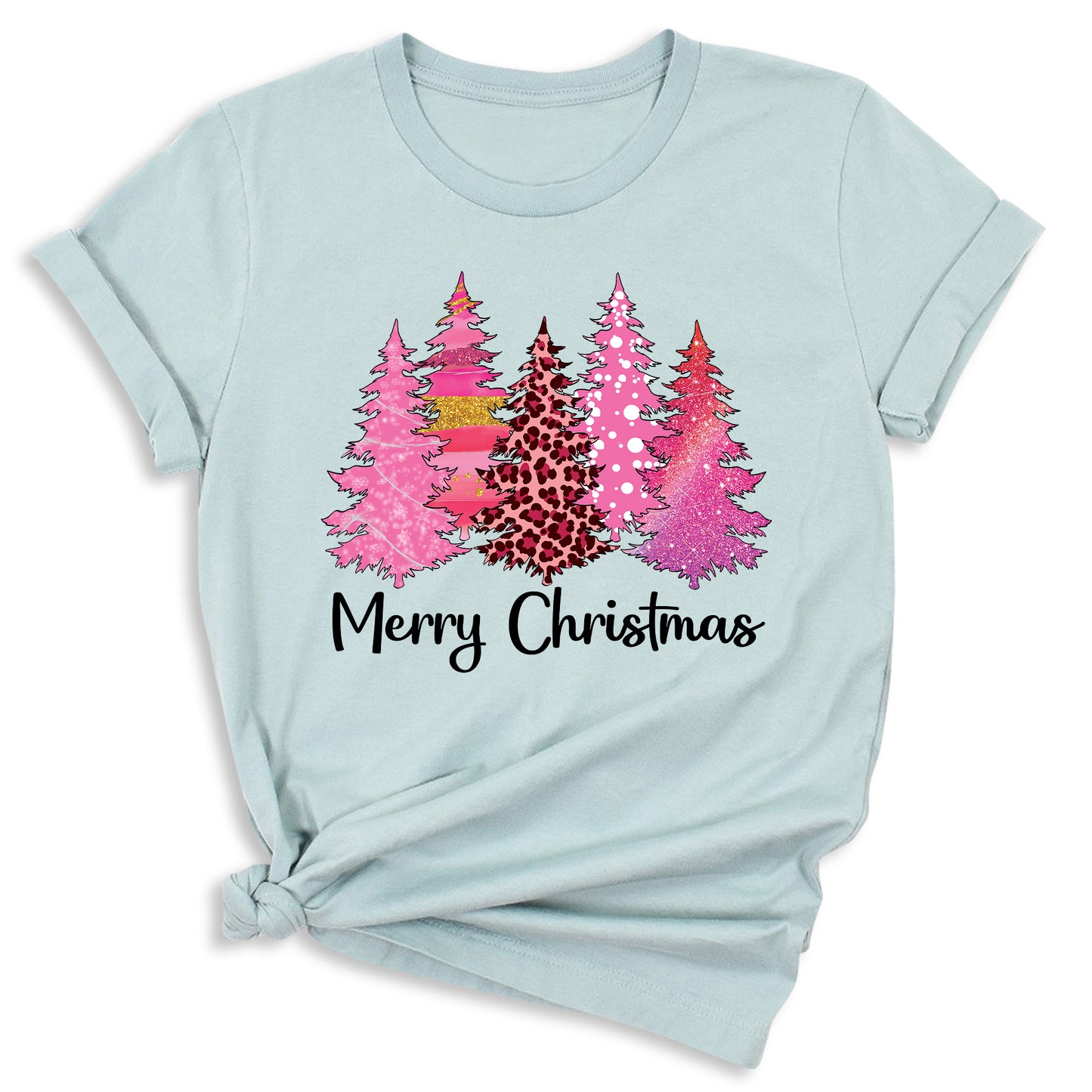 Merry Christmas Tree Shirt for Women – Pink Leopard Print Holiday Tee, Cute Winter Outfit, Ladies Christmas Party Top