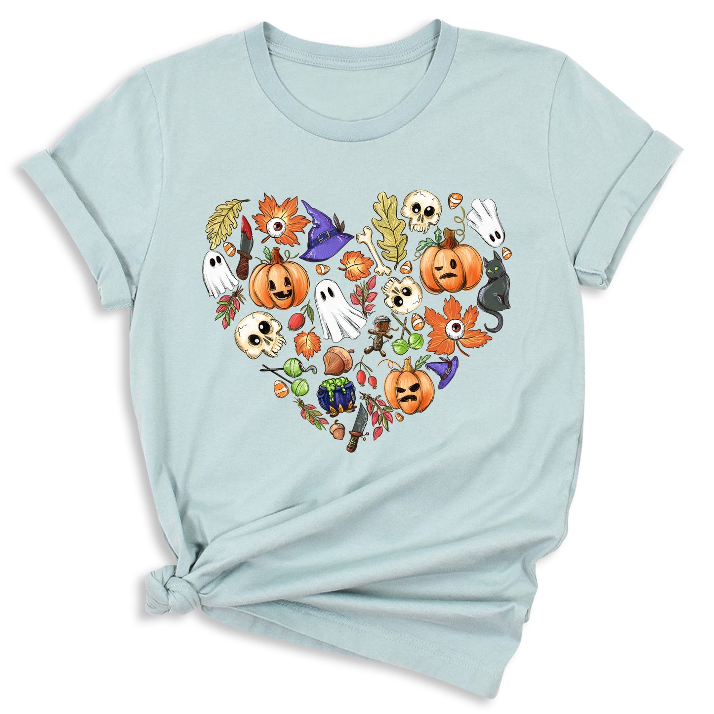 Halloween Elements Heart Shirt – Spooky Season Tee | Women’s Ghost & Pumpkin Shirt