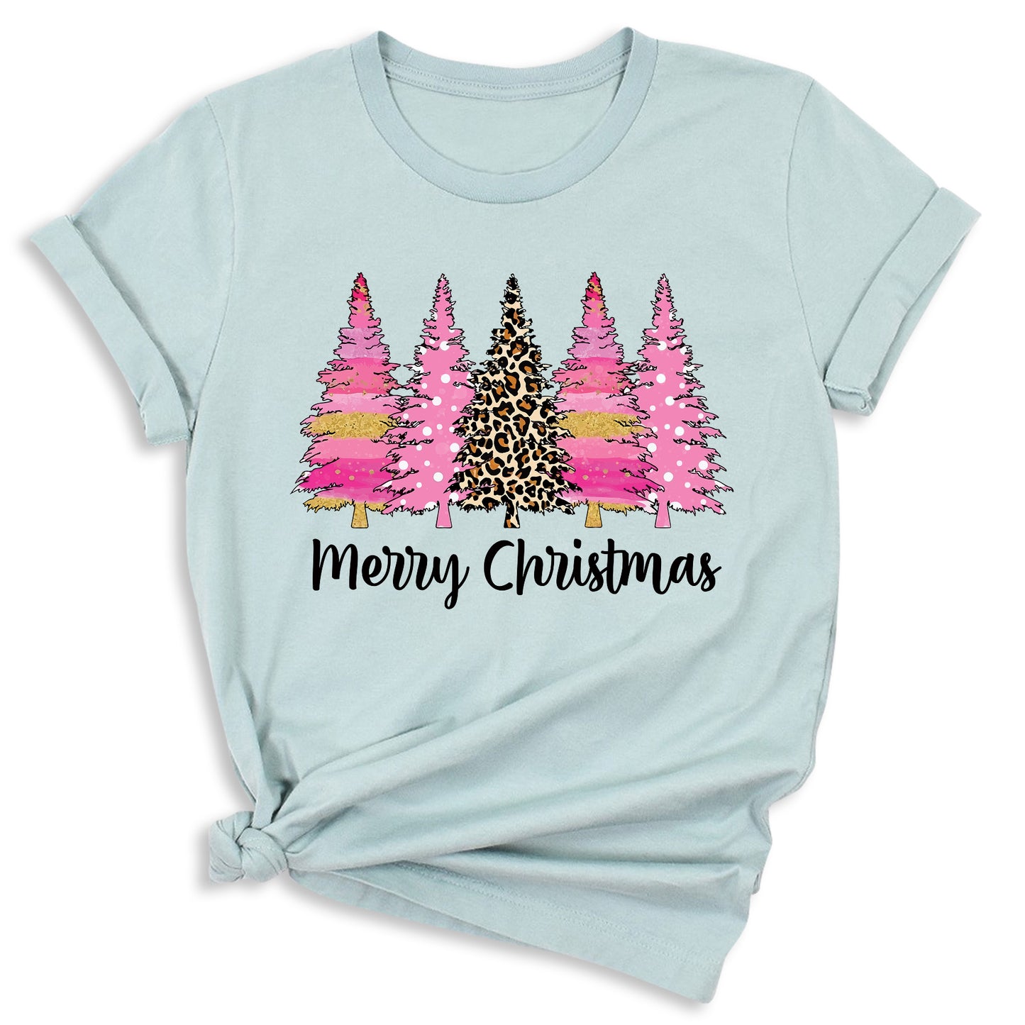 Merry Christmas Tree Shirt – Ladies Christmas Tee | Pink Leopard Holiday Pine Trees Shirt