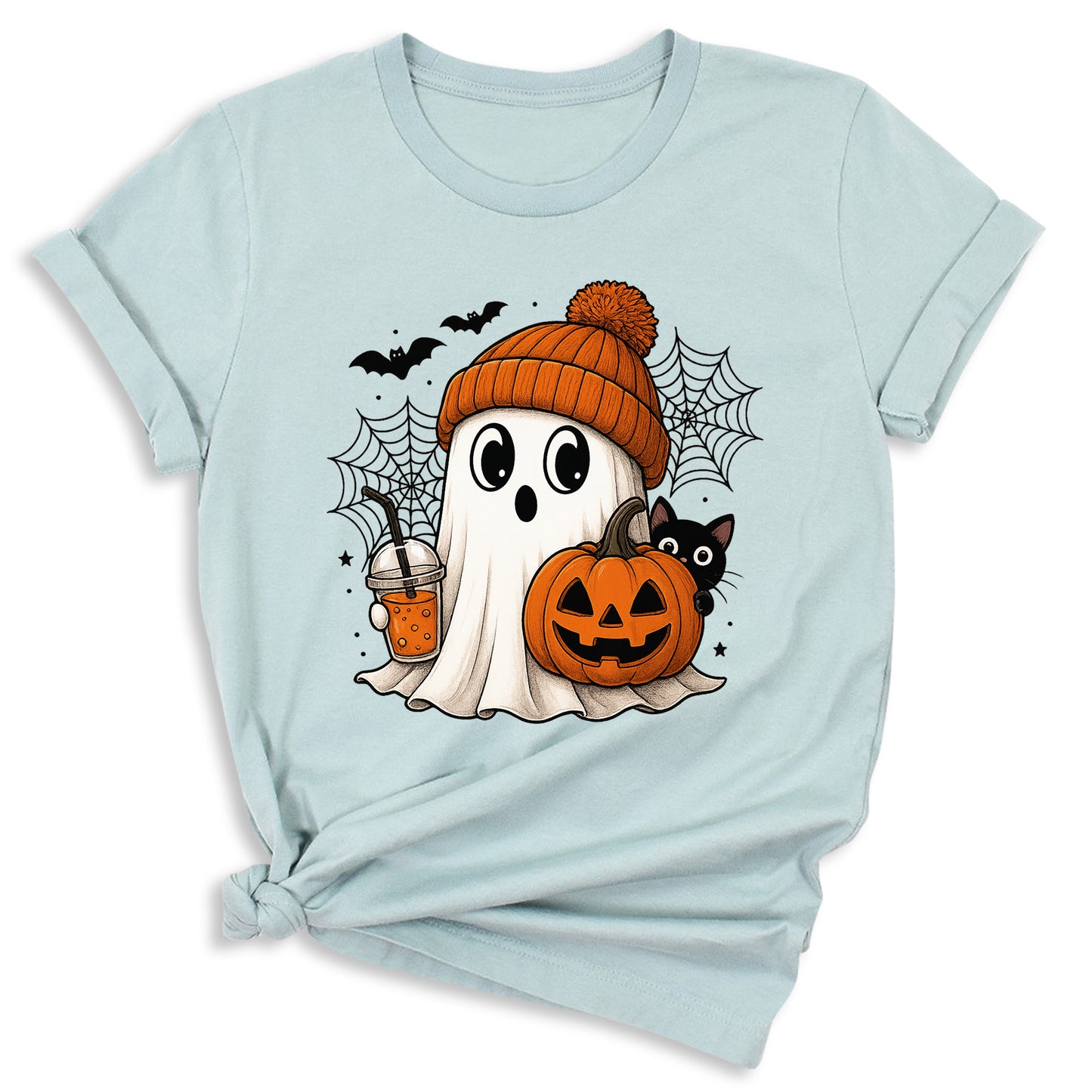Halloween Ghost and Drink T-Shirt – Pumpkin & Spooky Season Tee