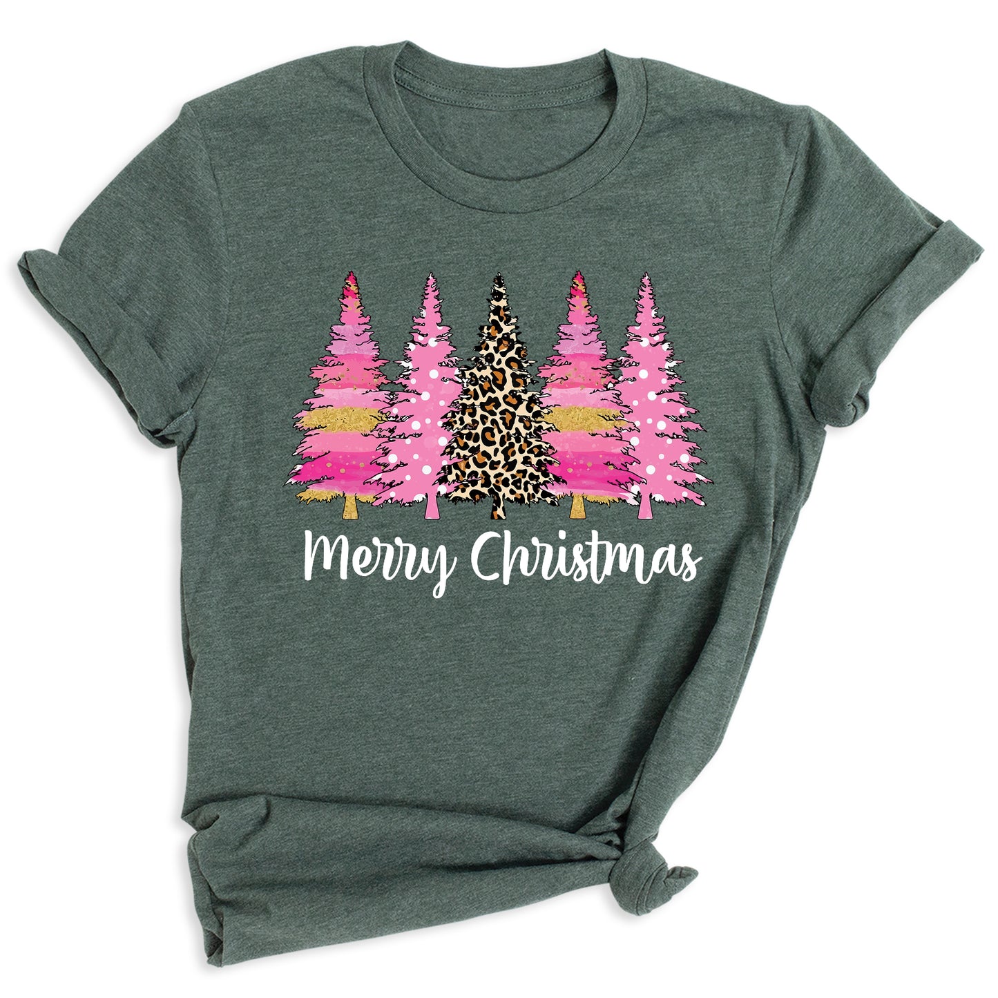 Merry Christmas Tree Shirt – Ladies Christmas Tee | Pink Leopard Holiday Pine Trees Shirt