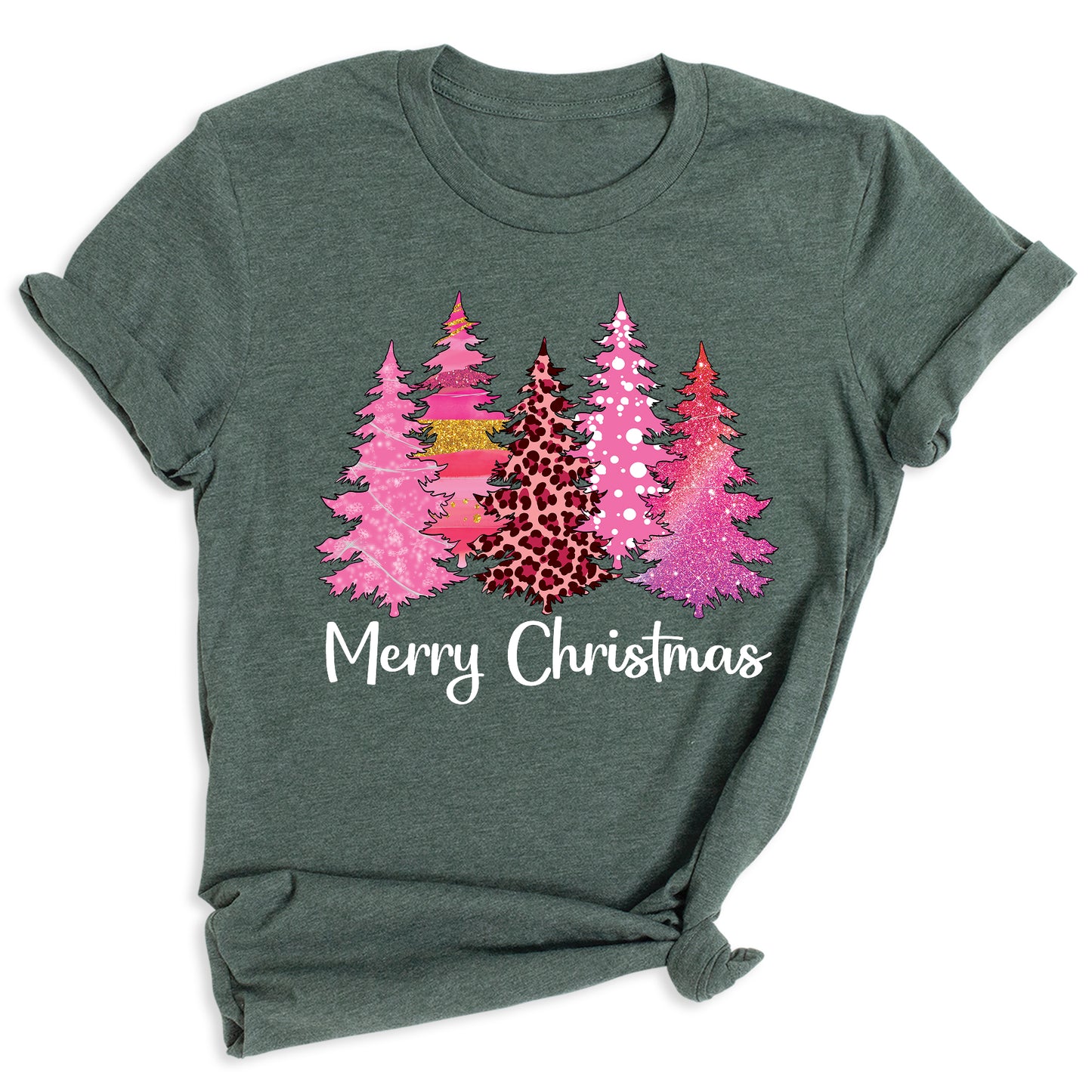Merry Christmas Tree Shirt for Women – Pink Leopard Print Holiday Tee, Cute Winter Outfit, Ladies Christmas Party Top