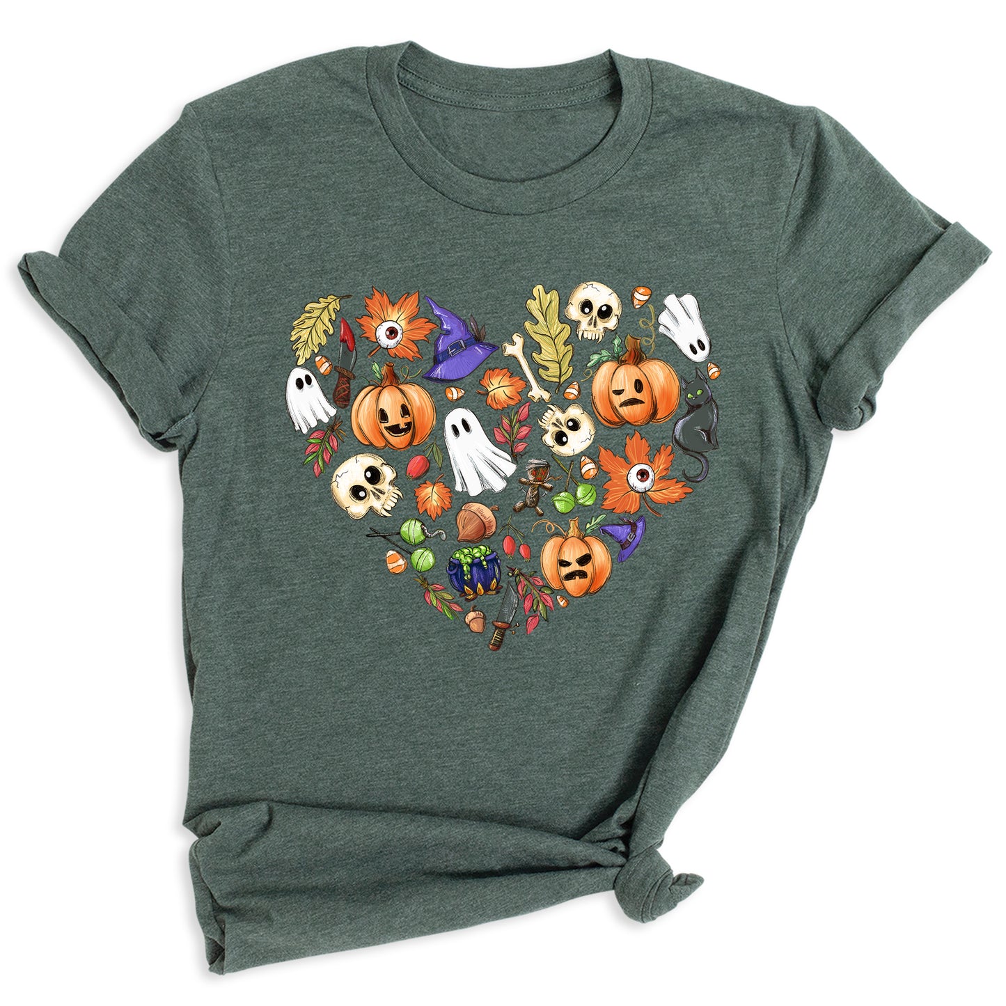 Halloween Elements Heart Shirt – Spooky Season Tee | Women’s Ghost & Pumpkin Shirt