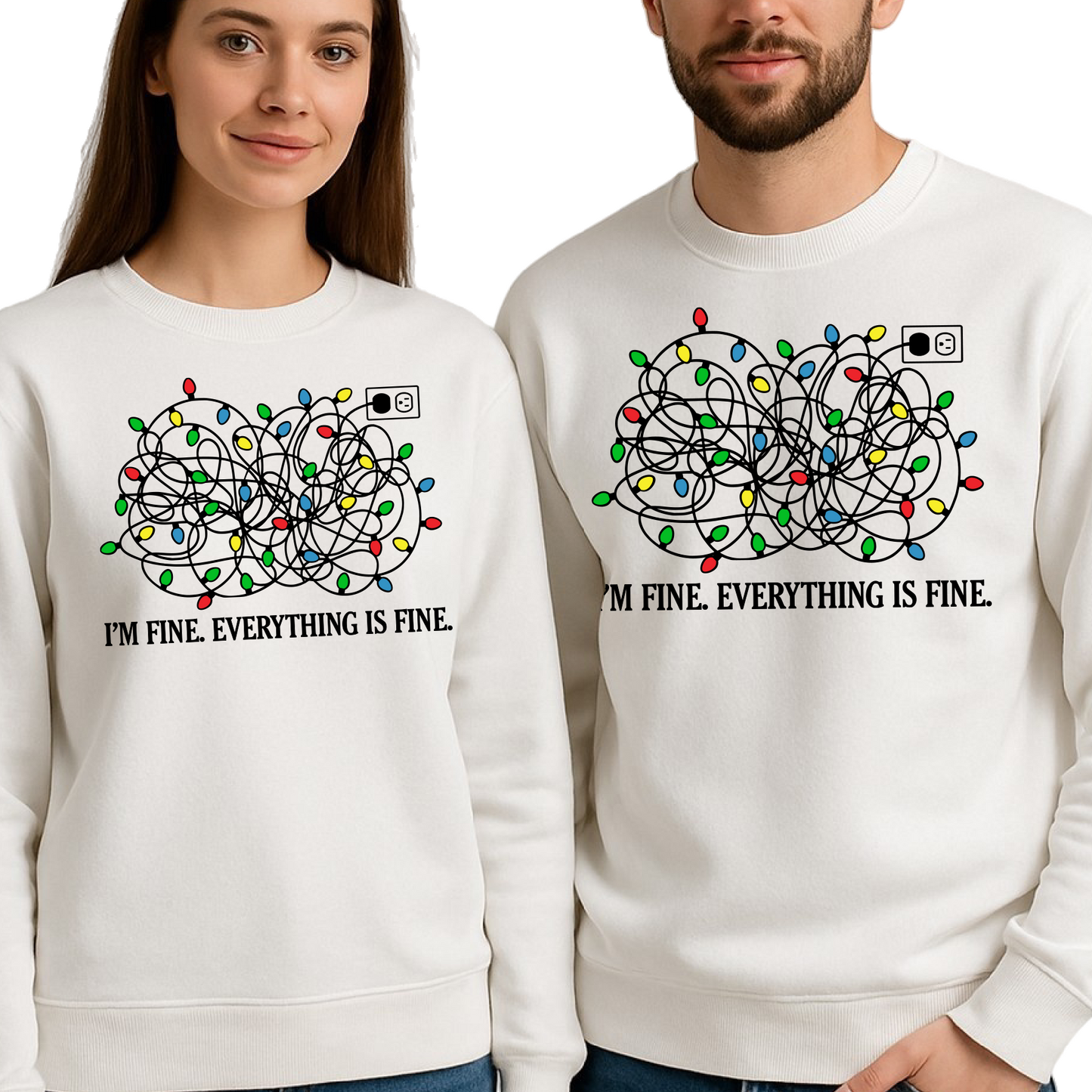 I’m Fine Christmas Lights Sweatshirt – Funny Holiday Crewneck, Cute Xmas Gift Sweater