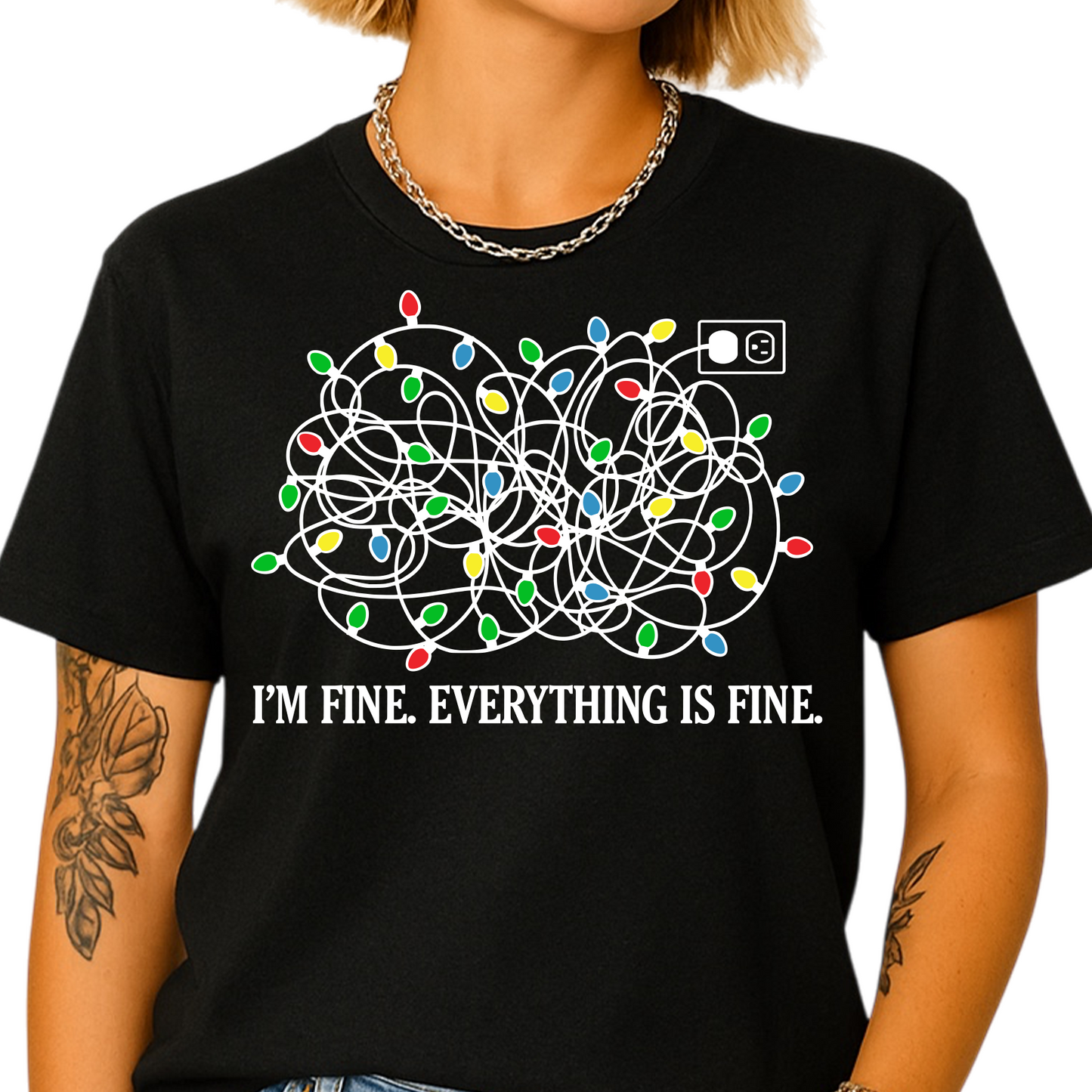 I’m Fine Everything is Fine Christmas Shirt – Tangled Lights Funny Holiday Tee