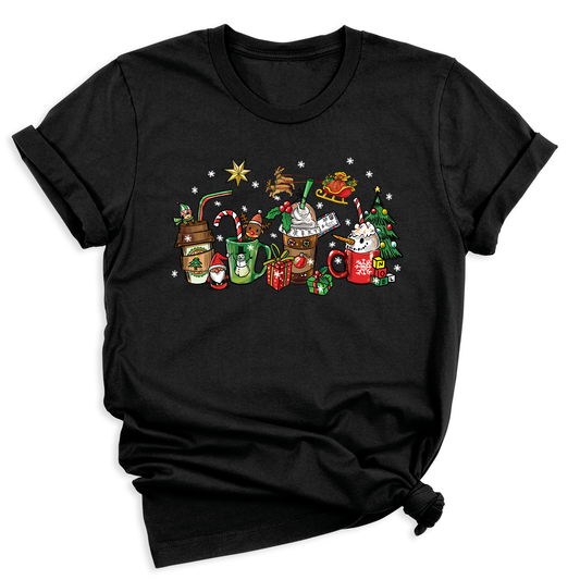 Christmas Latte Coffee T-Shirt – Holiday Coffee Lover Tee, Cute Xmas Shirt with Mugs & Christmas Tree Design