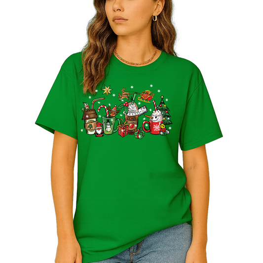 Christmas Latte Coffee T-Shirt – Holiday Coffee Lover Tee, Cute Xmas Shirt with Mugs & Christmas Tree Design