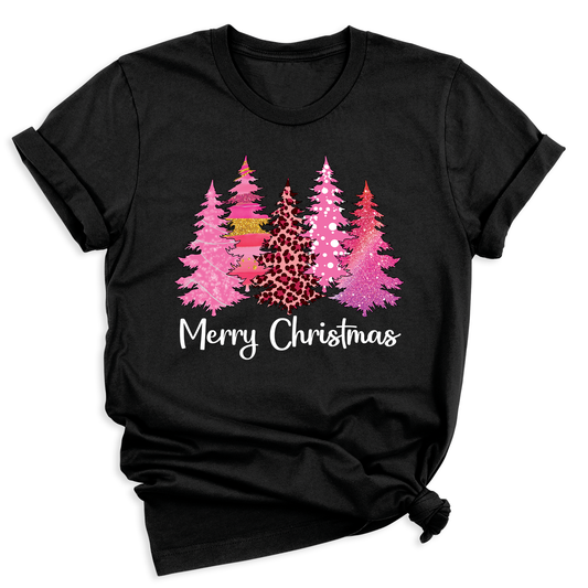 Merry Christmas Tree Shirt for Women – Pink Leopard Print Holiday Tee, Cute Winter Outfit, Ladies Christmas Party Top
