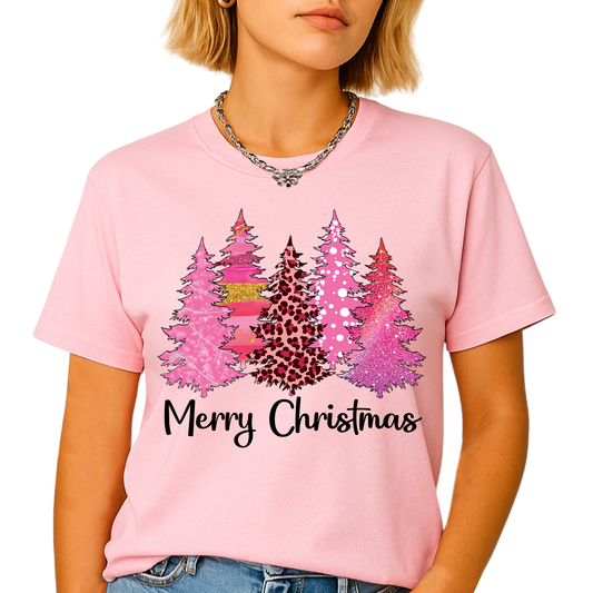 Merry Christmas Tree Shirt for Women – Pink Leopard Print Holiday Tee, Cute Winter Outfit, Ladies Christmas Party Top