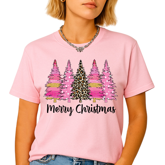 Merry Christmas Tree Shirt – Ladies Christmas Tee | Pink Leopard Holiday Pine Trees Shirt