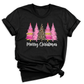 Merry Christmas Tree Shirt – Ladies Christmas Tee | Pink Leopard Holiday Pine Trees Shirt