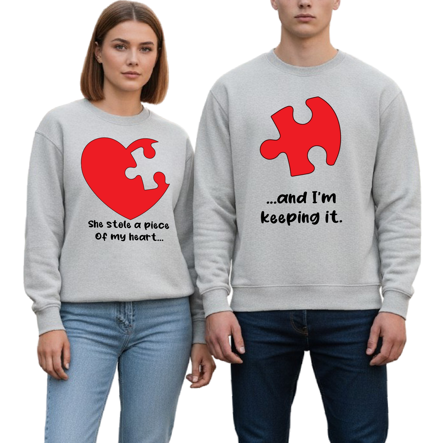 Matching Couple Valentine Puzzle Heart Sweatshirts His & Hers